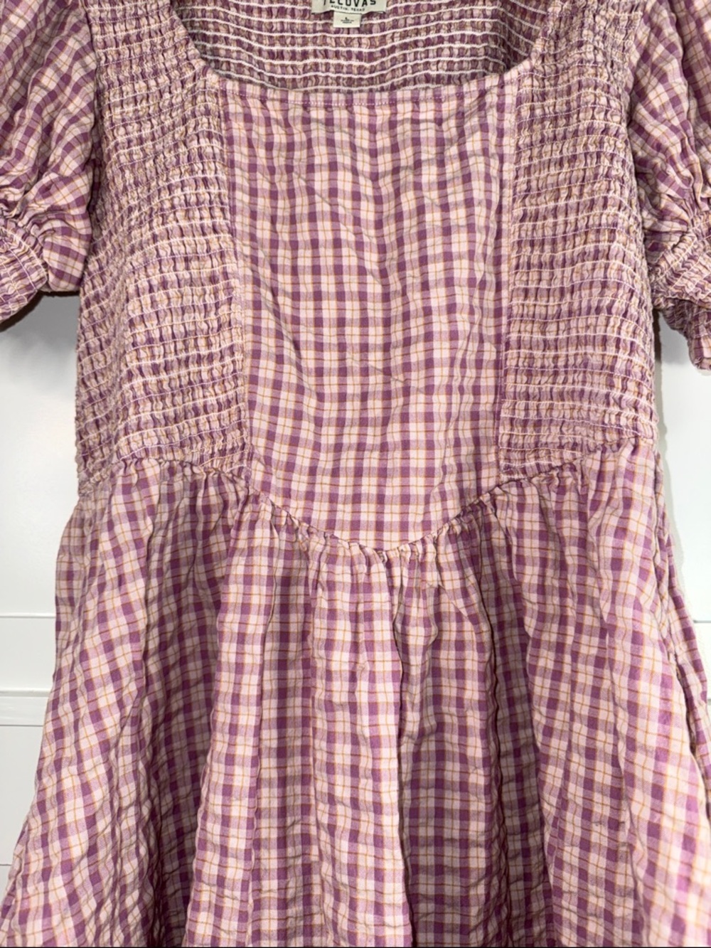 Tecovas Lavender Pink Gingham Smocked Babydoll Dress w/ pockets size Large - Picture 3 of 7